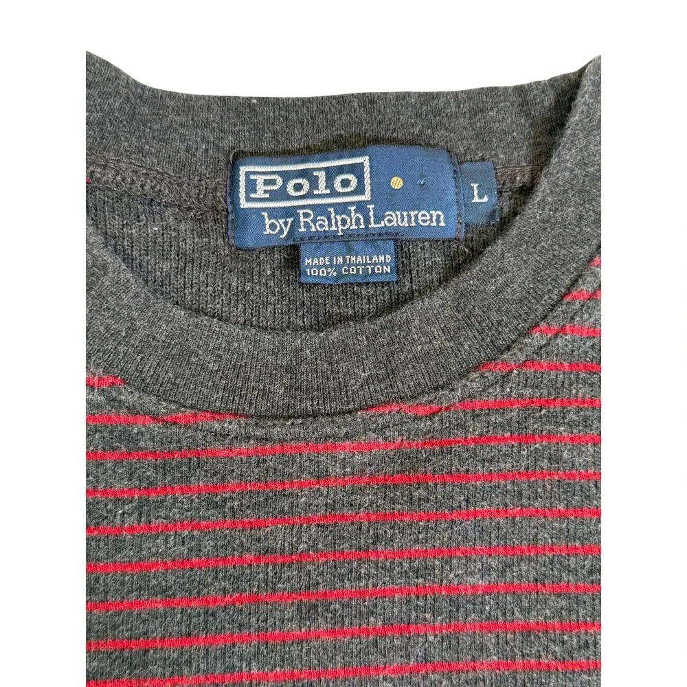 Polo Ralph Lauren Thermal Shirt Mens L Grey Red Striped Long Sleeve